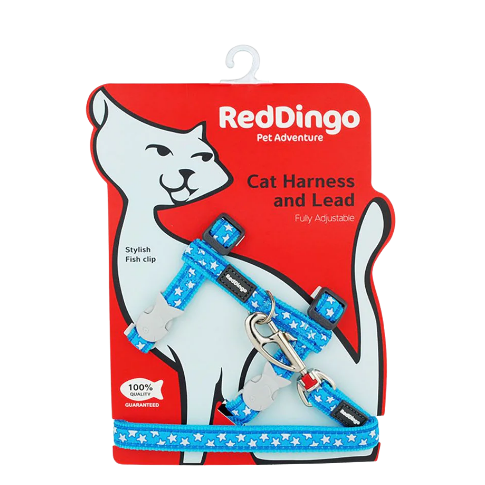 Cat Harness Stars White on Turquoise